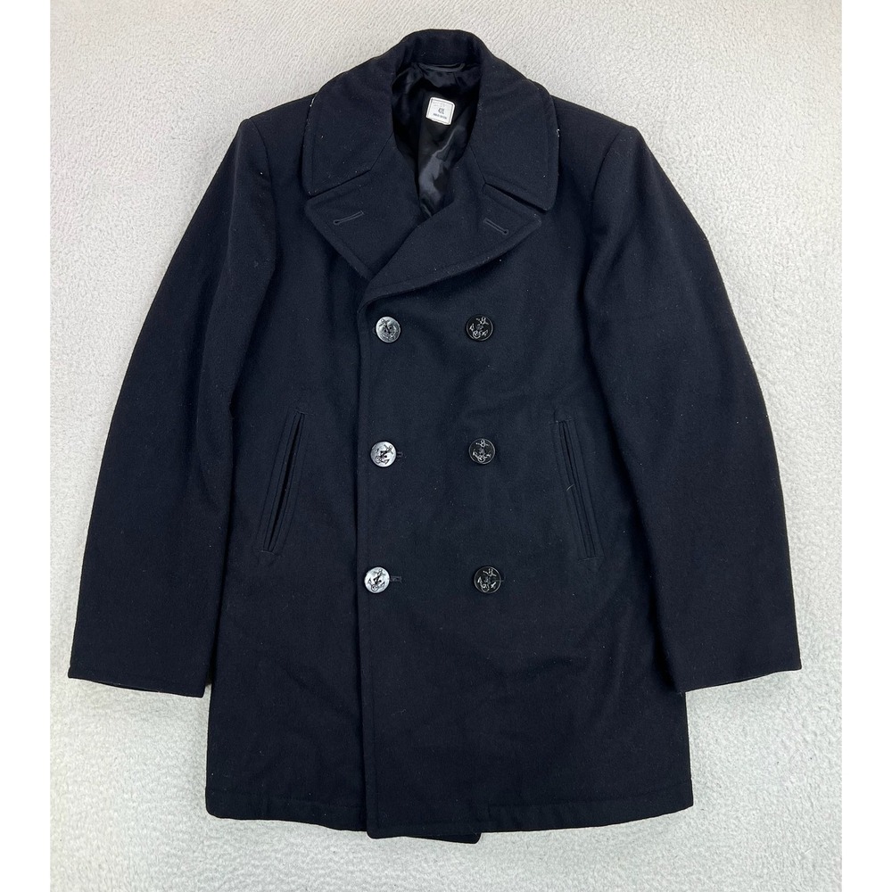 Pea Coat Mens 42L Black 100% Wool US Navy Style Double Breasted Lined Jacket